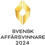 Guld geometrisk logotyp ovanför texten Svensk Affärsvinnare 2024, med Crenovagruppen med, på vit bakgrund.