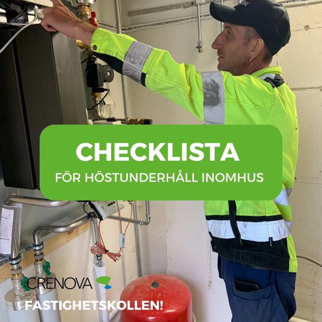 Man i skyddsutrustning inspekterar inomhusrör; texten lyder Checklista för höstunderhåll inomhus och Crenova.