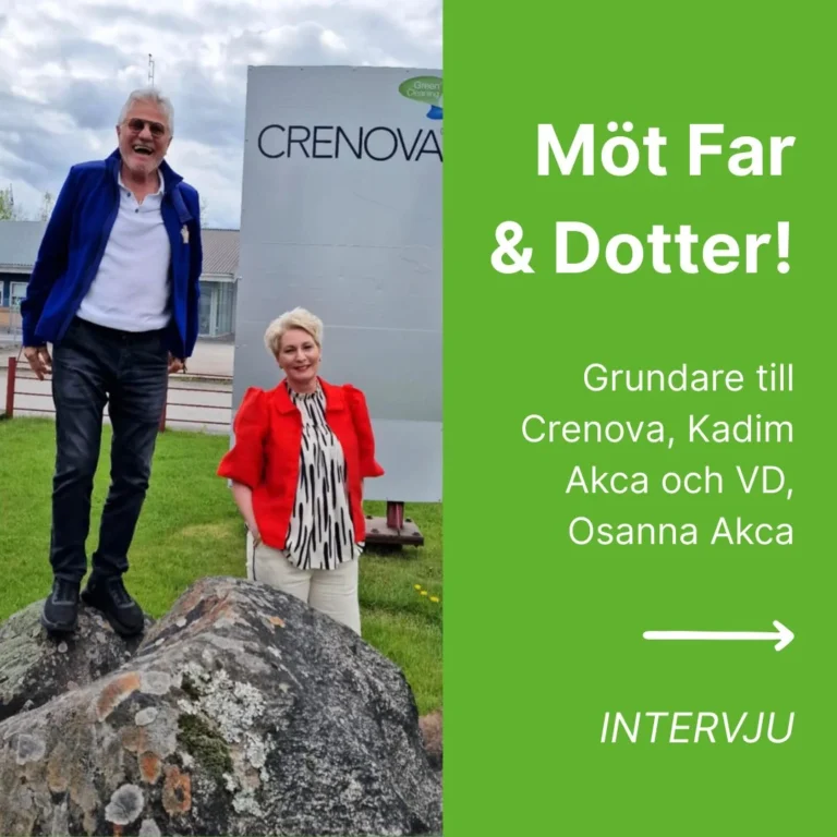 En intervju med far och dotter – grundaren Kadim och VD:n Osanna Akca 1 En leende man och kvinna står vid en Crenova-skylt med svensk text som inleder en familjeföretagsintervju mellan far och dotter.